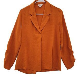 143 Story Crepe Blouse Women S Burnt Orange Long Sleeve V-neck‎ Flowy Drapey